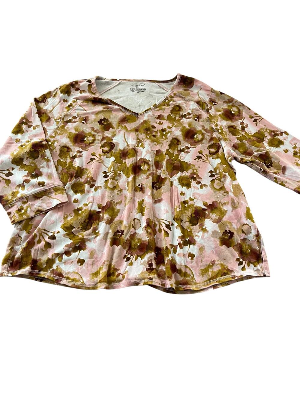 Westbound Woman Brown Pink Floral Long Sleeve V-Neck Top Women's Size 3X